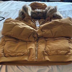 Jordan Craig Mustard Hooded Puffer Jacket with Faux Fur Trim